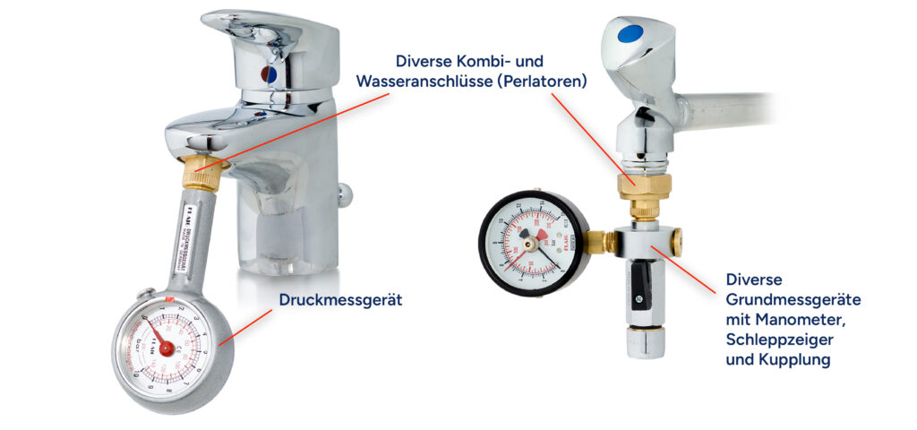 Grundmessgeräte, Druckmessgerät, mit Manometer, Schleppzeiger und Kupplung sowie verschiedenen Anschlüssen